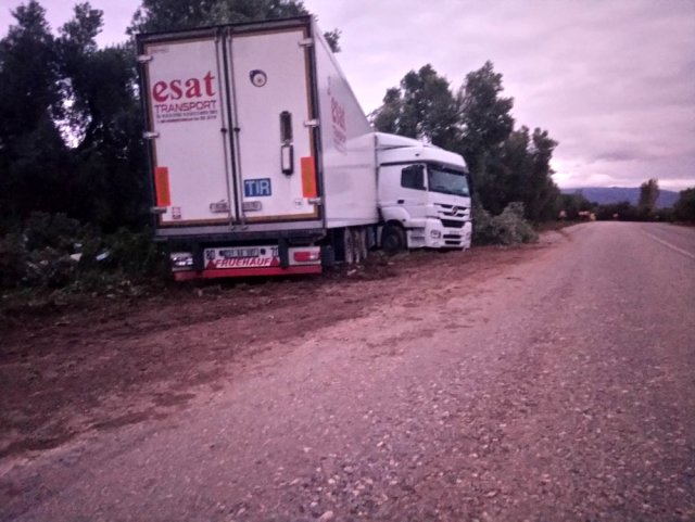 Ayva yüklü tır çarptığı zeytin ağaçlarını kökünden söktü