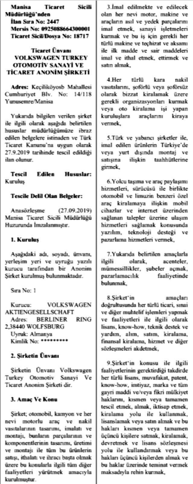 Volkswagen Türkiye Otomotiv San. A. Ş. Manisa da Kuruldu