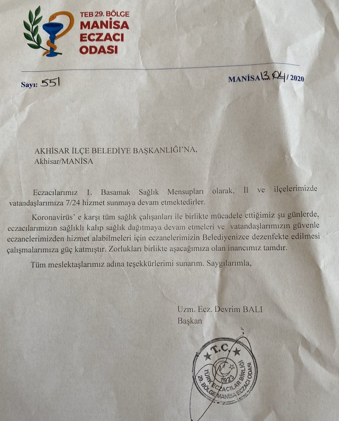 Eczacılardan belediye teşekkür mektubu