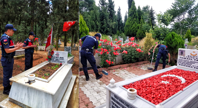 Şehit askerlerin mezarın askerler temizledi
