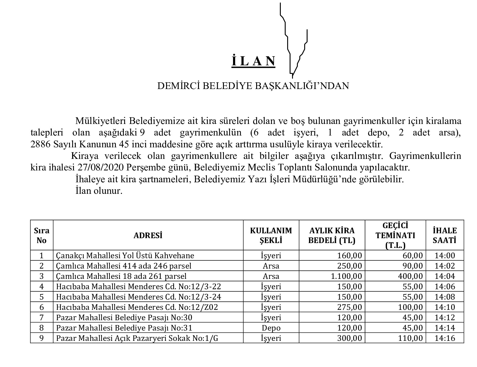 Demirci'de kira ihalesi