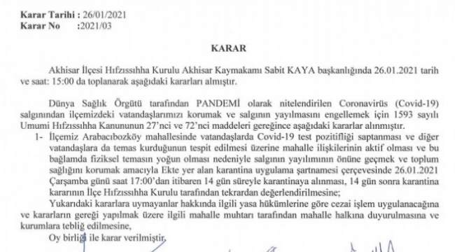 Akhisar'da Arabacıbozköy mahallesine karantinaya alındı