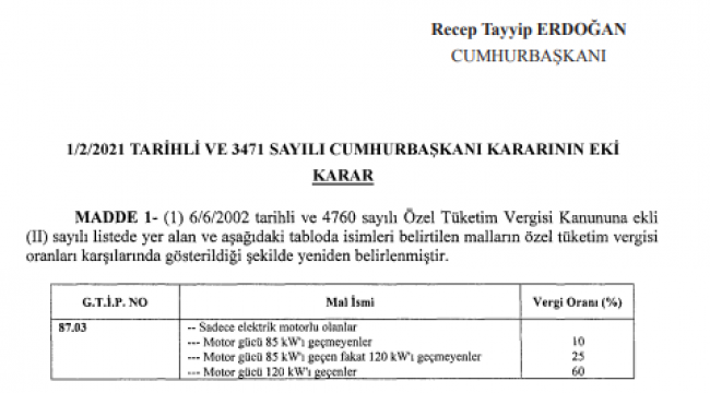 Elektrikli araçlarda ÖTV zammı
