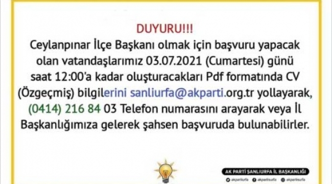 AKP il başkanlığı ilçe başkanlığı için ilan verdi