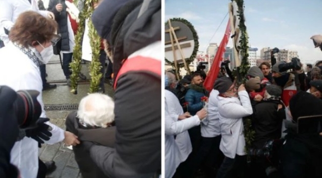 Taksim anıtına çelenk bırakmak isteyen hekimlere polis engeli