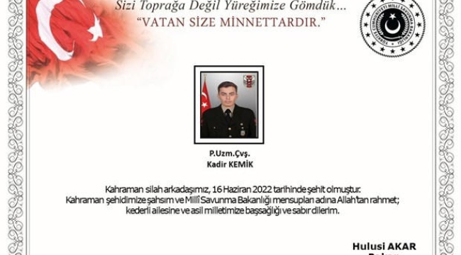 Pençe-Kilit harekatı'nda bir asker şehit oldu