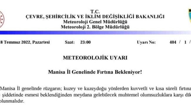 Manisa'da fırtına uyarısı