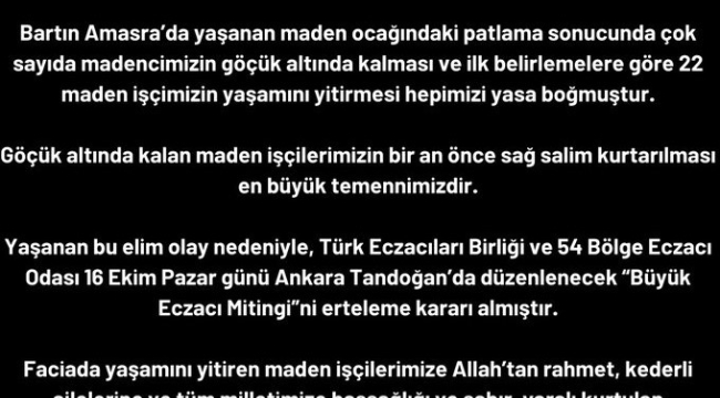Eczacılar maden kazası nedeniyle mitinği erteledi