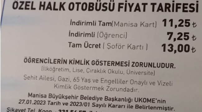 Manisa'da toplu taşım ücretleri zamlandı