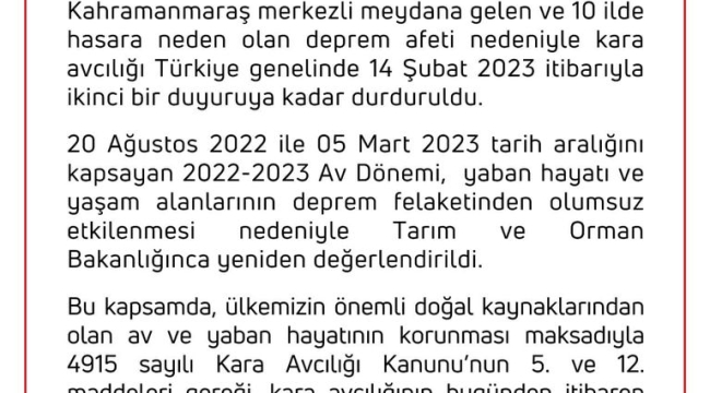 Kara avcılığı ülke genelinde durduruldu