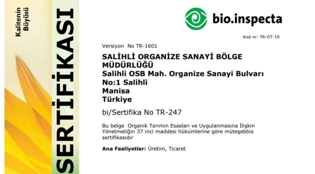 Organik sertfikası alan ilk SOSB oldu