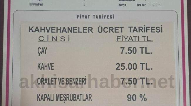 Akhisar'da çay 7.5 kahve 25 TL oldu