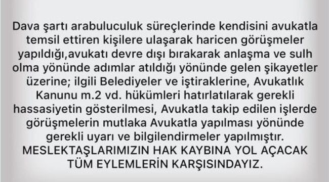 Barodan avukatı devre dışı bırakan girişim uyarısı