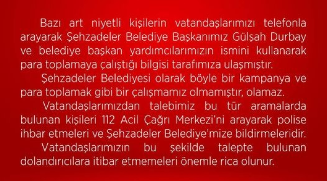 Belediyeden vatandaşları dolandırıcılık uyarısı