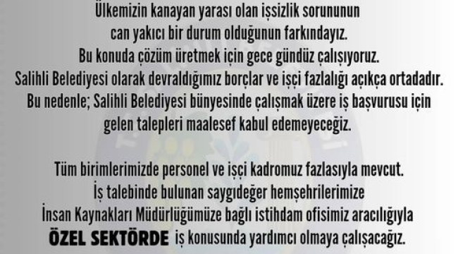 Salihli belediyesi iş başvurularını durdurdu