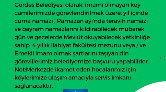 Gördes belediyesi köylerde görevlendirilecek imam arıyor