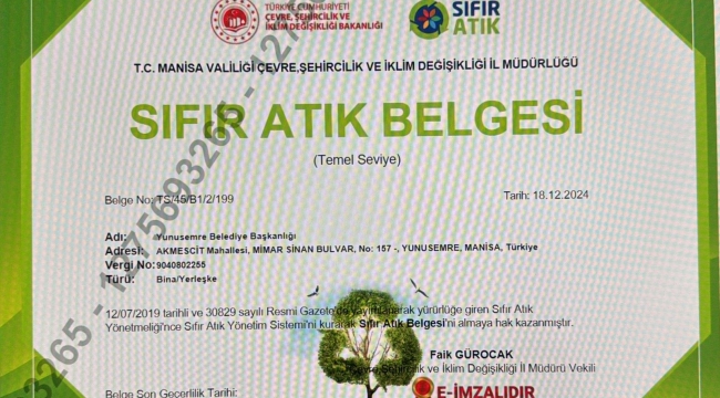 Yunusemre belediyesi, ana hizmet binası için sıfır atık belgesi aldı